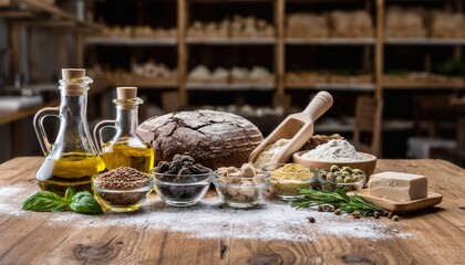 Artfully Arranged Fresh Ingredients for Artisan Bread Baking on Rustic Wooden Table in Cozy Kitchen with Soft Natural Light