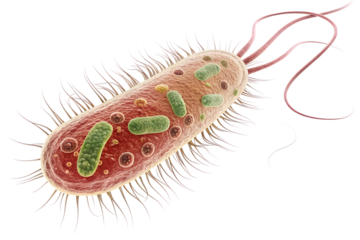 Detailed 3d rendering of a single rod shaped bacterium with flagella isolated on transparent background