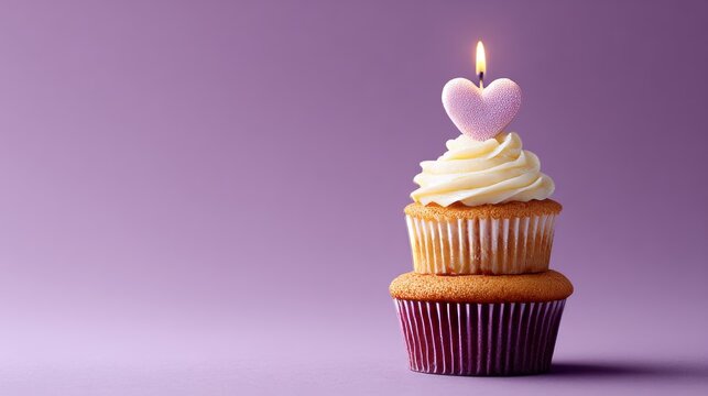 stack of cupcake with heart candle, brown background