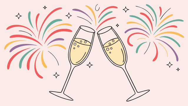 Illustration showing two champagne glasses toasting with colorful fireworks in the background celebration