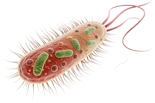 Detailed 3d rendering of a single rod shaped bacterium with flagella isolated on transparent background