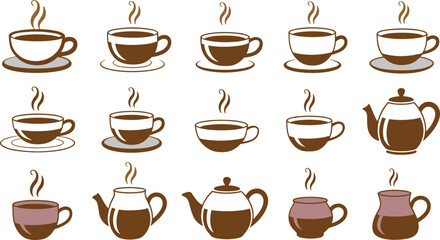Collection of steaming coffee cups and teapots silhouette