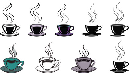 Collection of steaming coffee cups silhouette