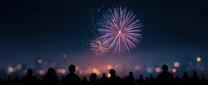 The crowd observes fireworks bursting in the night sky during celebration.
