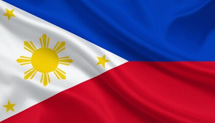 Philippines flag with blue and red stripes, white triangle, golden sun, and three stars.