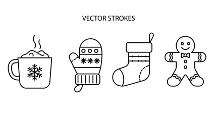 Set of winter holiday and Christmas celebration line icons featuring hot chocolate, a cozy mitten, a stocking, and a gingerbread man