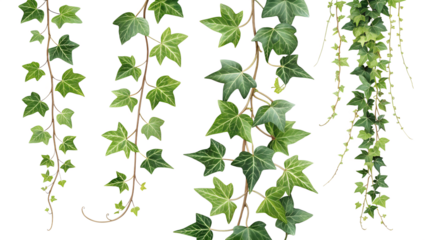 Lush green ivy vines cascading downwards creating a natural curtain isolated on transparent background