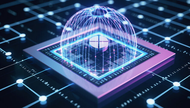Cyber Shield: A futuristic, glowing dome protects a central processing unit, symbolizing the robust security measures employed in modern digital systems.