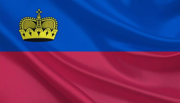 Liechtenstein flag with blue-red bands and golden crown symbolizing unity and royal heritage.