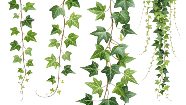 Lush green ivy vines cascading downwards creating a natural curtain isolated on transparent background