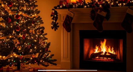 Cozy Christmas living room with decorated tree and fireplace  