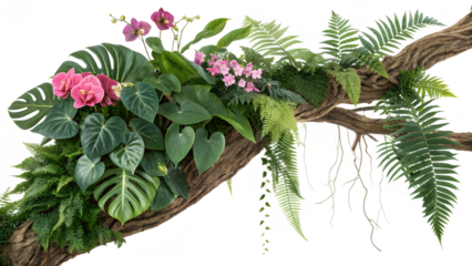 Lush tropical foliage and pink flowers cascading from a weathered branch isolated on transparent background