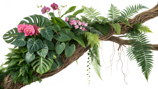Lush tropical foliage and pink flowers cascading from a weathered branch isolated on transparent background