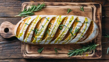Artfully Arranged Rustic Sourdough Bread Loaf with Glistening Olive Oil Drizzle and Fresh Rosemary Sprigs on Weathered Wooden Cutting Board
