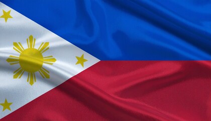 Philippines flag with blue and red stripes, white triangle, golden sun, and three stars.