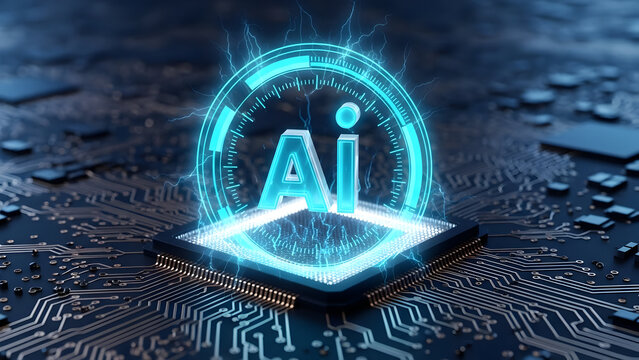 Futuristic glowing AI concept on microchip for data science and machine learning innovation, modern technology trends