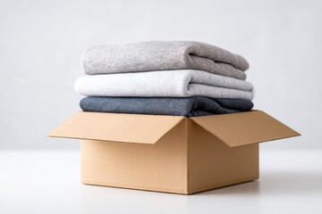 Cardboard box filled with neatly folded clothes in various colors, symbolizing the process of moving house and organizing belongings for a fresh start in a new home