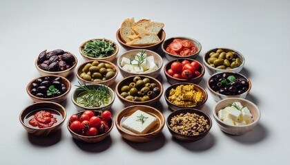 Artfully Arranged Vibrant Mediterranean Feast Ingredients Olives Feta Tomatoes Hummus Pita Herbs in Wooden Bowls on White Surface Warm Natural Light