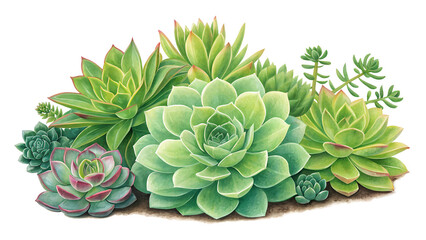 Collection of various green succulent plants arranged together isolated on transparent background