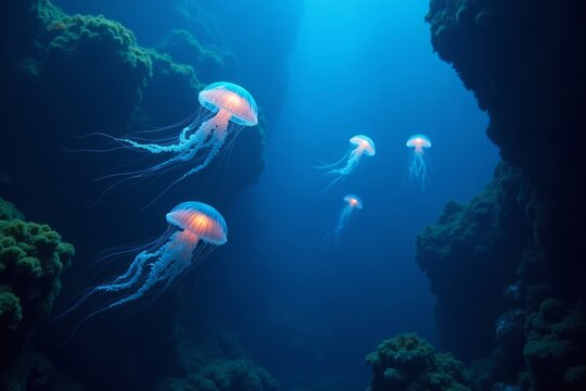 Enchanting Underwater World: Bioluminescent Jellyfish Gliding Through a Luminous Coral Forest