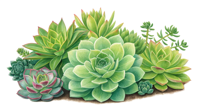 Collection of various green succulent plants arranged together isolated on transparent background