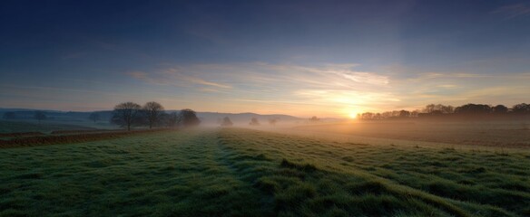 sunrise gently illuminating tranquil rural farmland landscape evoking serenity and hope