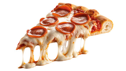 Mouthwatering pepperoni pizza slice with delicious, dripping cheese ready to be enjoyed, perfect for restaurant menus, food blogs, or advertising campaigns