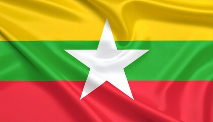 Myanmar flag with yellow, green, red stripes and central white star symbolizing unity and national spirit.