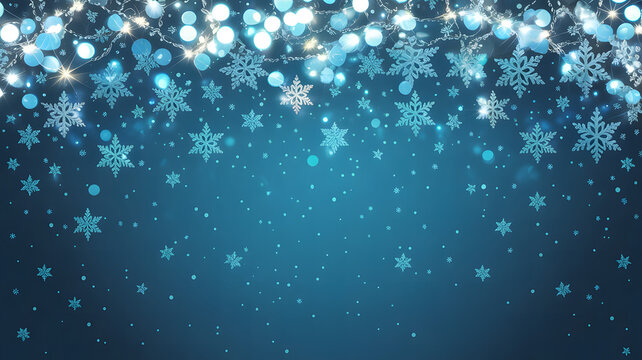 Sparkling snowflakes and twinkling lights on a deep blue background