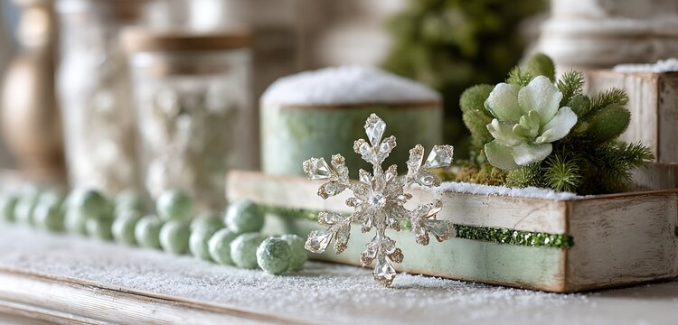 shimmering snowflake decor with crystal beads, green trim, snow details with rustic charm.