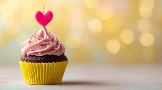 cupcake with heart-shaped candle, pastel green bokeh background 