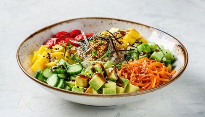 Artfully Arranged Vibrant Vegan Poke Bowl with Fresh Avocado Cucumber Mango Carrots Seaweed Tomatoes and Colorful Garnishes in Rustic Bowl
