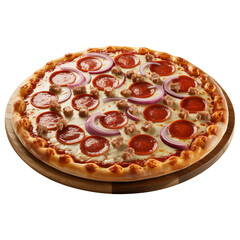 Mouthwatering pepperoni pizza with savory sausage and red onion, perfectly baked on a wooden board ready to be devoured for dinner or lunch time meal