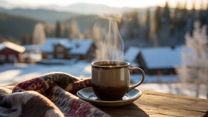 Steaming coffee cup on a snowy mountain cabin balcony