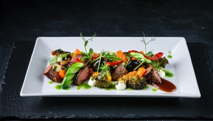Artfully Plated Gourmet Beef Steak with Roasted Broccoli Carrots Bell Peppers Avocado Herb Garnish Vibrant Sauces White Plate Dark Background