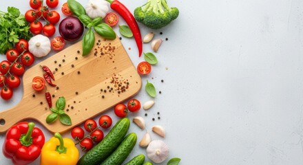 Fresh ingredients on a chopping board: An artful arrangement of vibrant vegetables and herbs, beautifully displayed on a wooden chopping board, ready to inspire culinary creations.