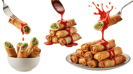 Delicious spring rolls drizzled with vibrant red sauce, creating an appetizing and tempting dish, perfect for food blogs or restaurant menus
