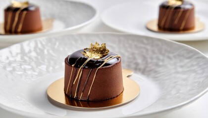Artfully Plated Gourmet Chocolate Ganache Dessert with Edible Gold Leaf Accents Drizzled Richly on Textured White Plates in Moody Lighting
