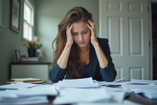 Successful businesswoman feeling swamped as she navigates a chaotic workspace piled with documents. Overburdened executive grappling for ways to manage her tasks.