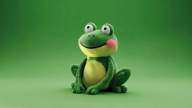 Adorable stuffed green frog with big eyes, pink cheeks, and a smiling face