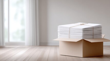 Stacked white moving boxes filled with documents are placed in a spacious room with wooden flooring and large windows, symbolizing the process of relocating and organizing belongings