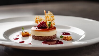 Artfully Plated Gourmet Cr&egrave;me Br&ucirc;l&eacute;e Dessert with Caramelized Top Raspberry Coulis Fresh Berries Gold Leaf Microgreens on White Plate Shallow Depth of Field