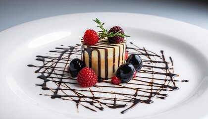 Artfully Plated Gourmet Dessert with Striped Cake Vibrant Raspberries Blackberries Rich Chocolate Drizzle Fresh Herb Garnish on White Plate
