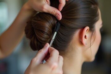 Naklejka premium Capturing the Artistry: Close-Up of a Hairstylist's Hands Crafting a Elegant Bridal Updo with Precision and Care