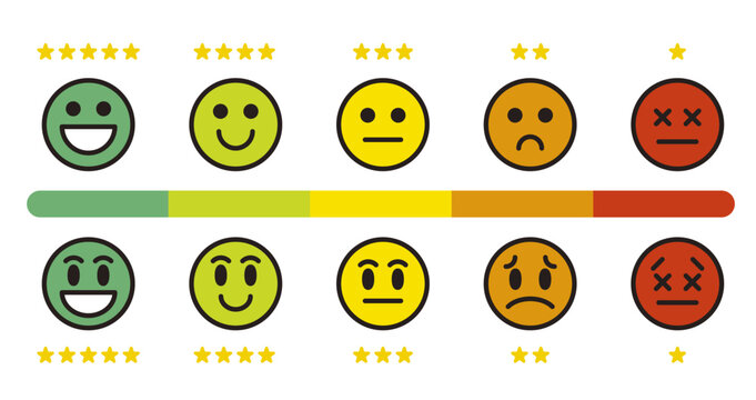 感情での評価。顔文字のアイコン。絵文字のフィードバック。満足、良い、悪いなどのレビュー。