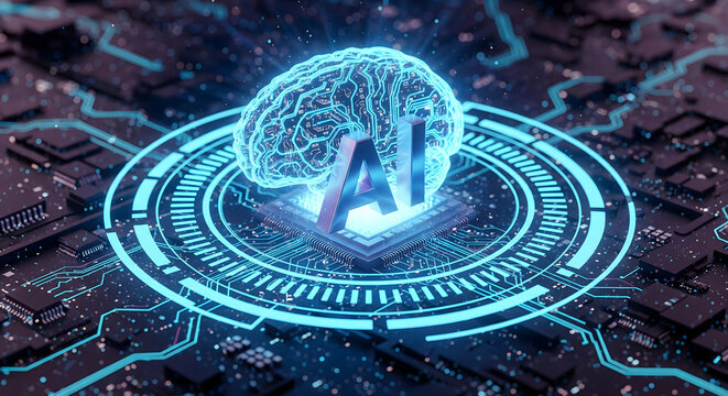 Artificial intelligence brain with futuristic glowing circuit board for advanced technology solutions and innovation - Powered by Adobe