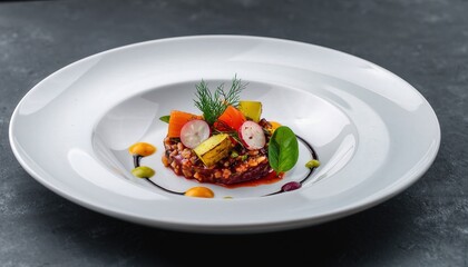 Artfully Plated Gourmet Dish with Vibrant Red Sauce White Cheese Cubes Orange Puree Dots Sliced Vegetables Fresh Green Herbs on Elegant White Porcelain Plate Dark Studio Background