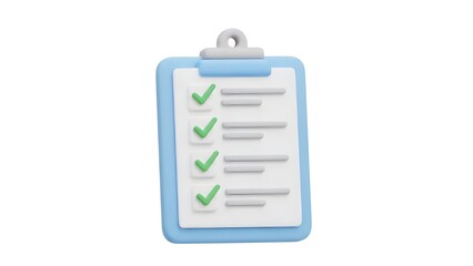 Modern 3D render of a blue clipboard featuring a comprehensive checklist with green checkmarks, symbolizing successful task completion, efficient planning, and goal achievement in project management