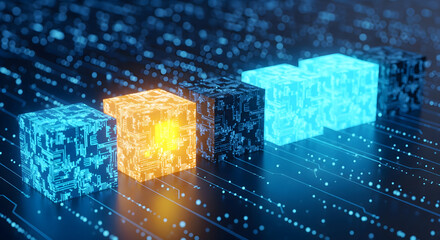 Explore cutting-edge technology with vibrant glowing circuit cubes for modern digital innovation and advanced network solutions