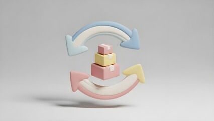3D rendering of pastel boxes circulating with arrows, symbolizing efficient product exchange, shipping, and return processes for modern e-commerce and logistics